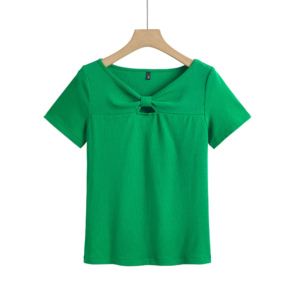 Korean version pure cotton short sleeved t-shirt women's summer new high-end fashion plus size slim fit casual T-shirt V-neck to