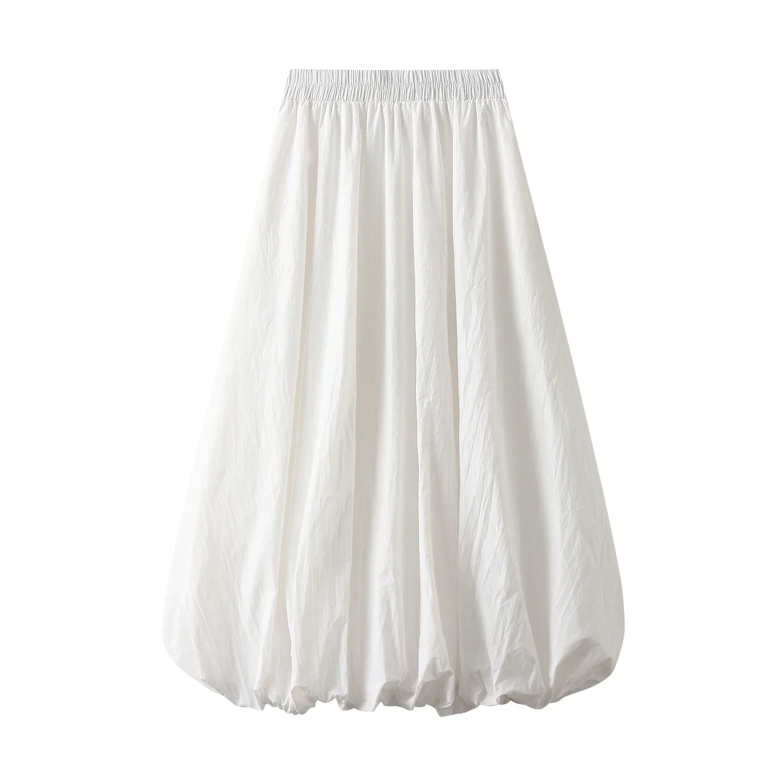Combhasaki Women's Elegant Elastic High Waist Solid Color A-Line Pleated Puffball Hem Casual Flowy Balloon Bud Midi Skirts