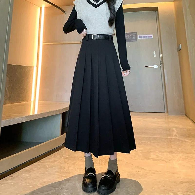 Women's Wool Skirt - High-Waisted, Slimming Belted, Plus Size Vintage-Inspired, Versatile Mid-Length Pleated Skirt