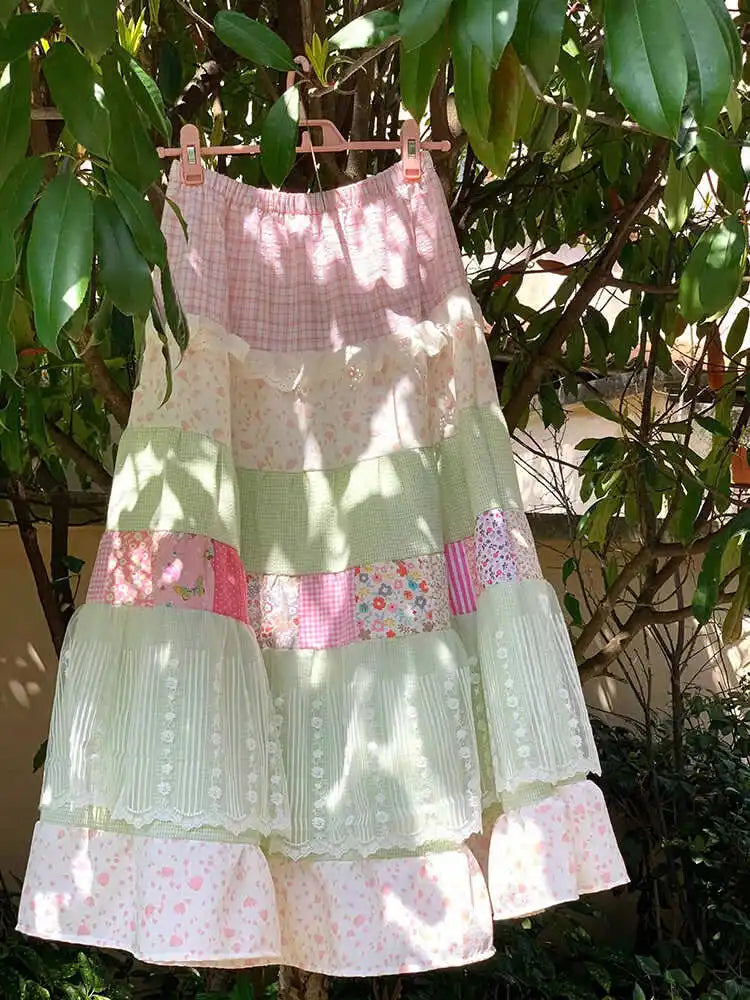 Matakawa Japanese Style Long Skirts Print Vintage A-line Spring Summer Faldas Mujer Patchwork Sweet Fashion Women Skirt