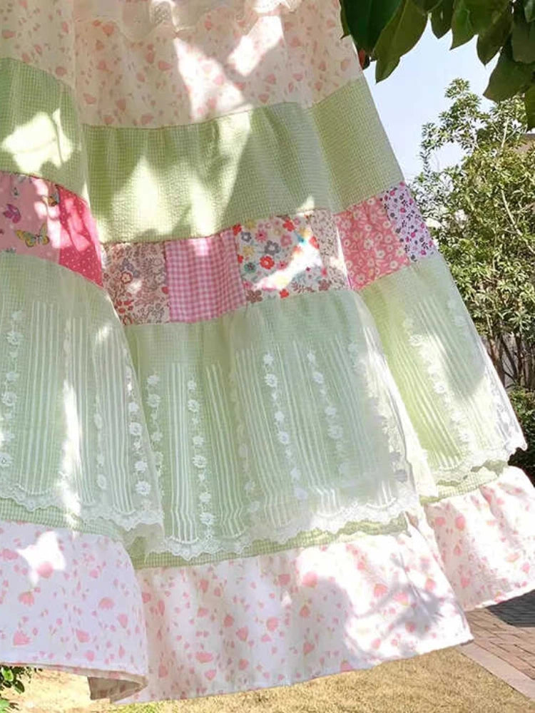 Matakawa Japanese Style Long Skirts Print Vintage A-line Spring Summer Faldas Mujer Patchwork Sweet Fashion Women Skirt