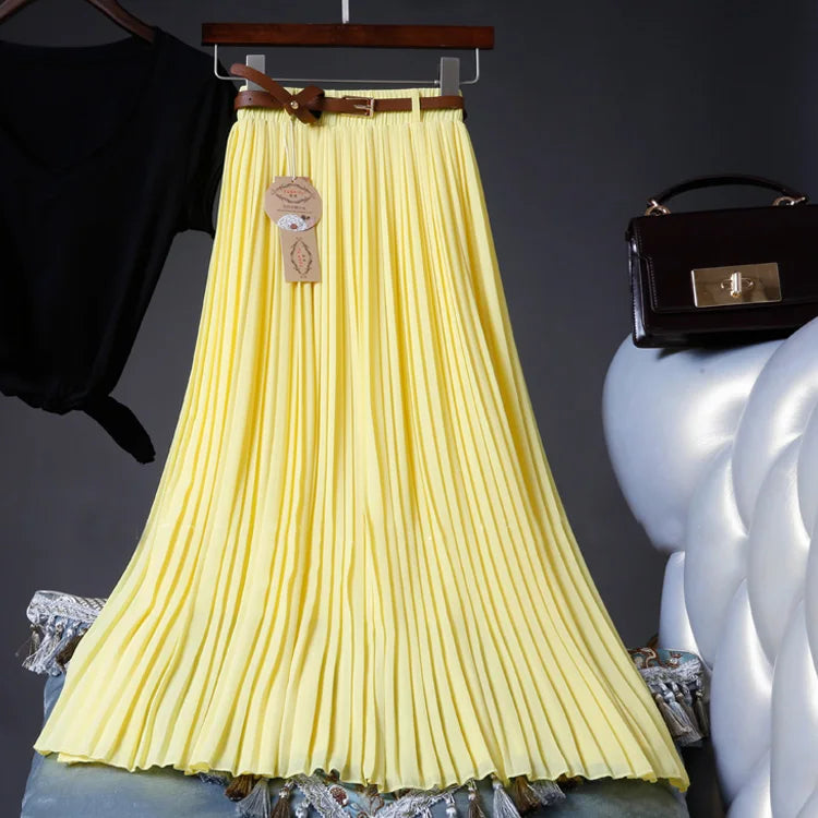 2021 High Quality Women Summer Skirt High Waist Vintage Women Pleated Skirt Saias Femme Boho White Long Chiffon Skirt Streetwear