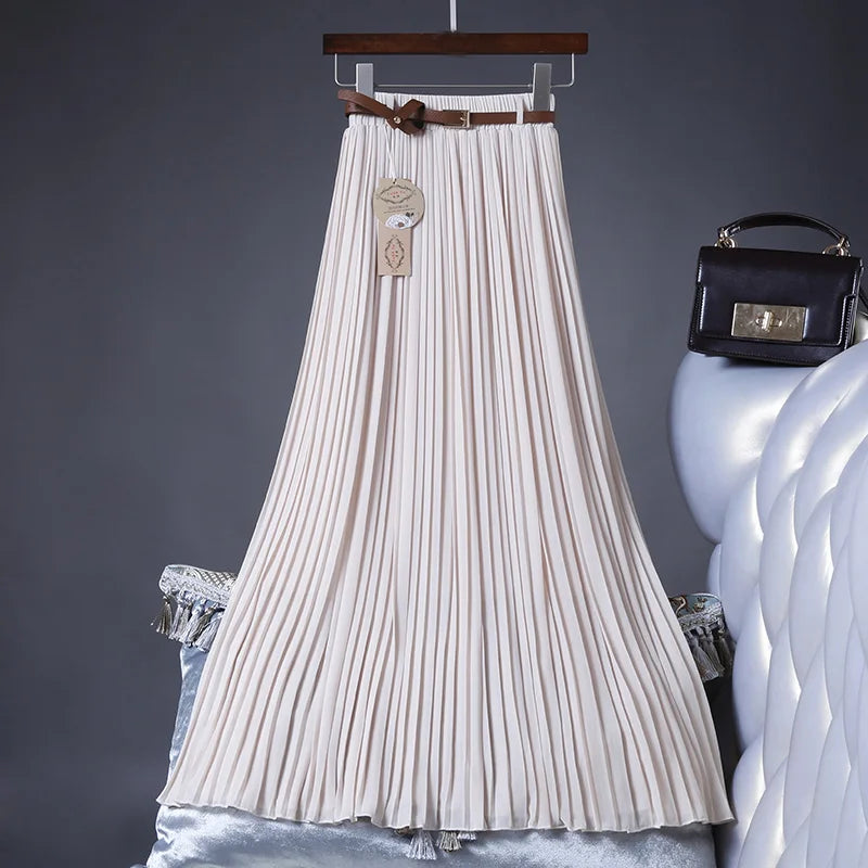 2021 High Quality Women Summer Skirt High Waist Vintage Women Pleated Skirt Saias Femme Boho White Long Chiffon Skirt Streetwear