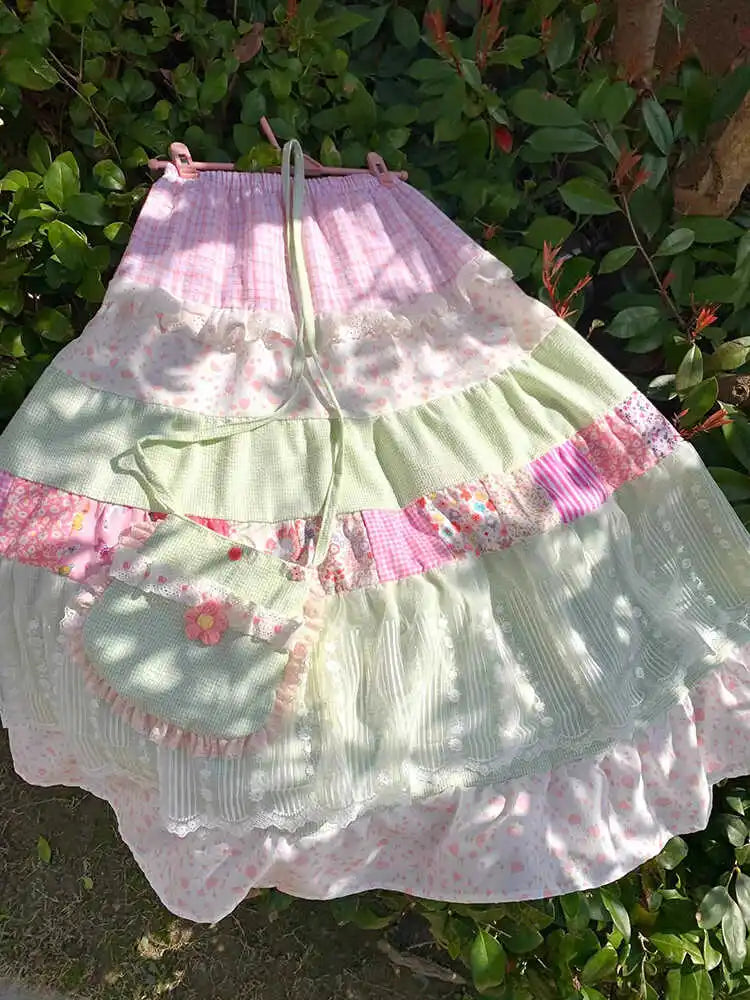 Matakawa Japanese Style Long Skirts Print Vintage A-line Spring Summer Faldas Mujer Patchwork Sweet Fashion Women Skirt
