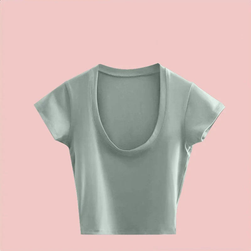 2024 Summer Slim T-Shirt Women Sexy Short Sleeve T Shirt U-Neck Gray Tee Female Solid Basic Black/White Korean Crop Tops Hot Y2k