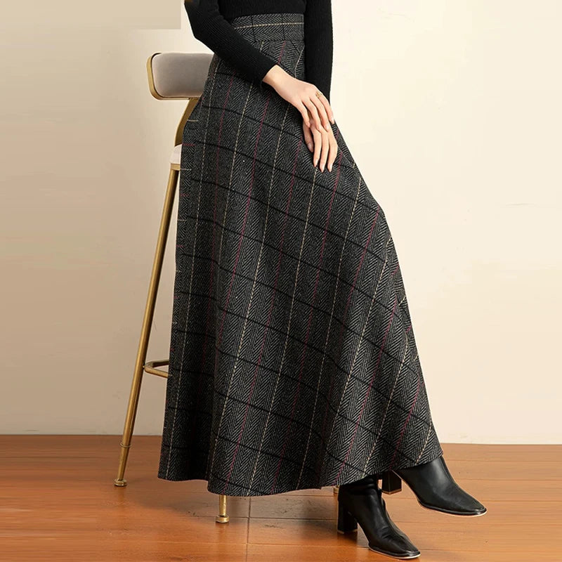 Women's 2026 FallWinter Plaid Wool Midi Skirt - High-Waisted A-Line, Plus Size, Thickened & Slimming Long Skirt