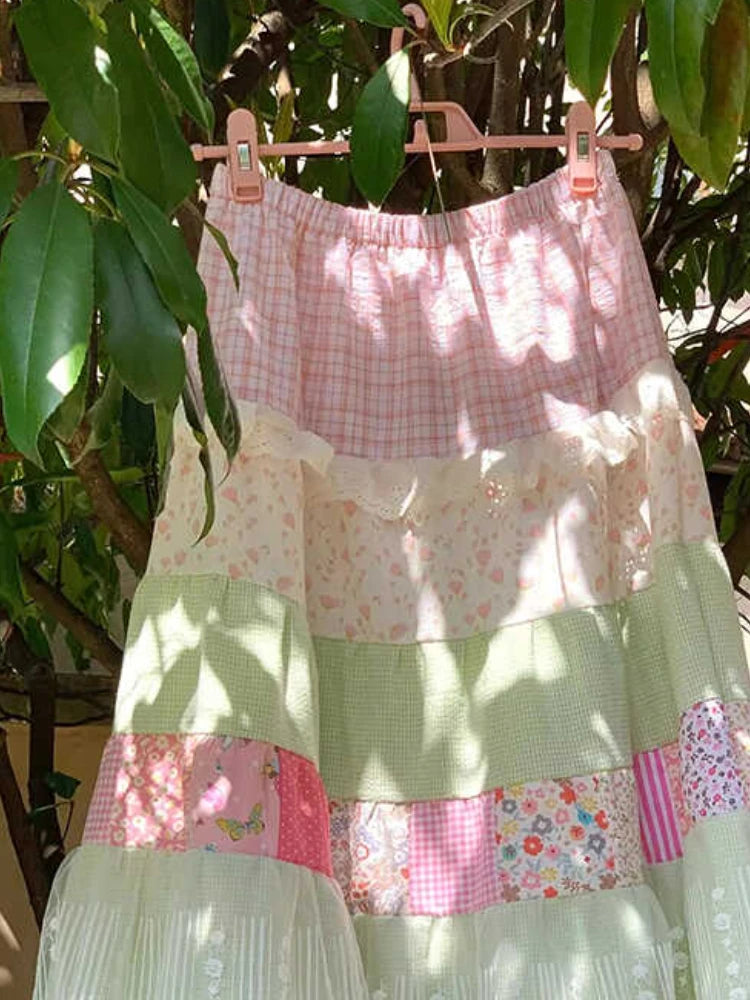 Matakawa Japanese Style Long Skirts Print Vintage A-line Spring Summer Faldas Mujer Patchwork Sweet Fashion Women Skirt
