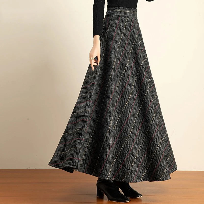 Women's 2026 FallWinter Plaid Wool Midi Skirt - High-Waisted A-Line, Plus Size, Thickened & Slimming Long Skirt