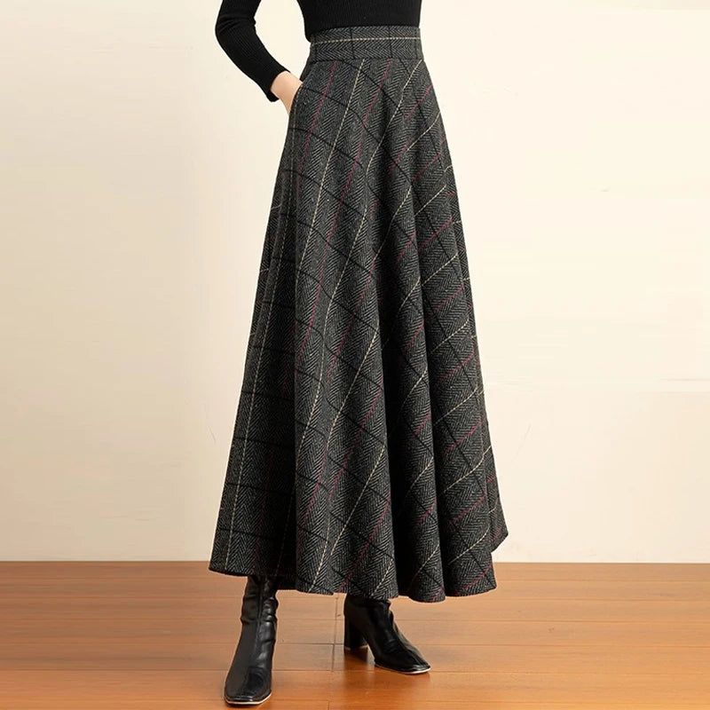 Women's 2026 FallWinter Plaid Wool Midi Skirt - High-Waisted A-Line, Plus Size, Thickened & Slimming Long Skirt