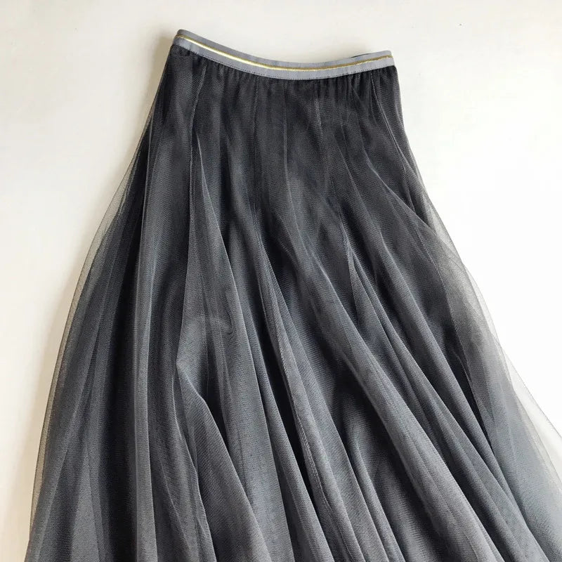 Summer Mesh Women Pleated Skirt Solid High Waist A Line Tulle Skirts Chic Long Maxi Tutu Skirt Holiday Beach Tulle Skirt