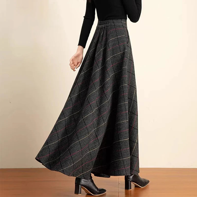 Women's 2026 FallWinter Plaid Wool Midi Skirt - High-Waisted A-Line, Plus Size, Thickened & Slimming Long Skirt