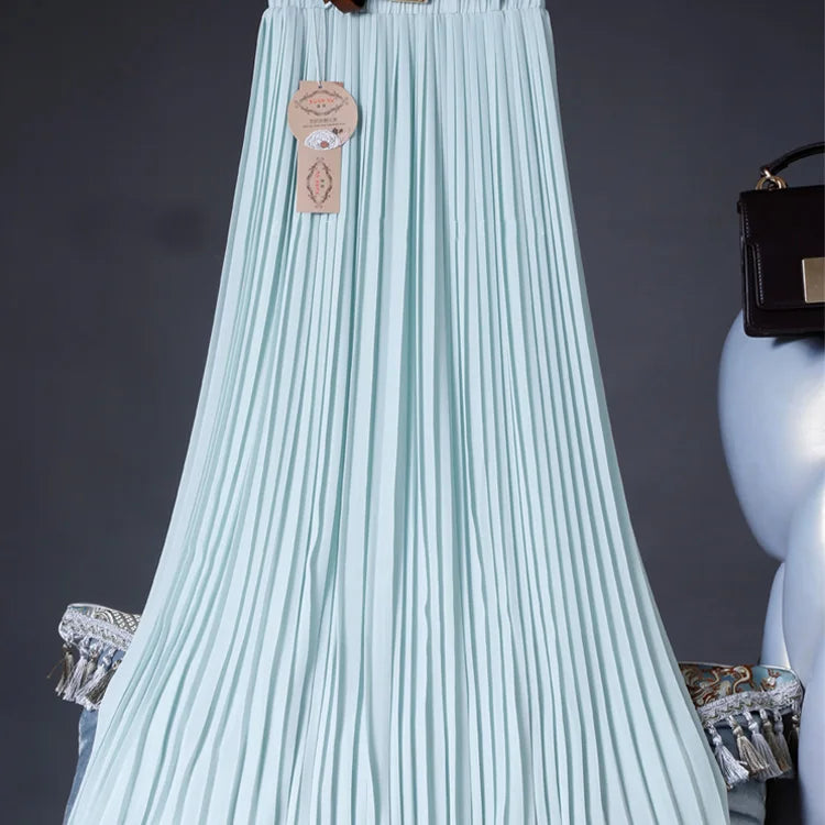 2021 High Quality Women Summer Skirt High Waist Vintage Women Pleated Skirt Saias Femme Boho White Long Chiffon Skirt Streetwear