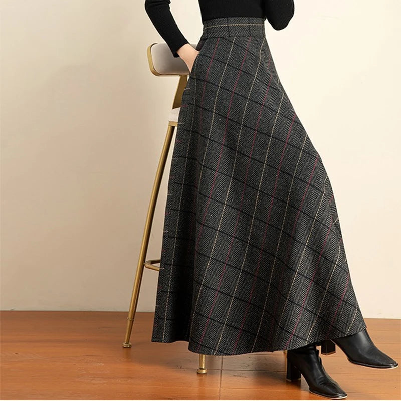Women's 2026 FallWinter Plaid Wool Midi Skirt - High-Waisted A-Line, Plus Size, Thickened & Slimming Long Skirt
