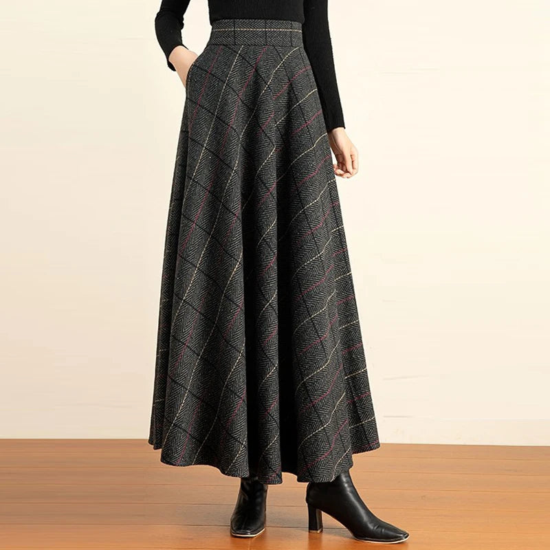 Women's 2026 FallWinter Plaid Wool Midi Skirt - High-Waisted A-Line, Plus Size, Thickened & Slimming Long Skirt