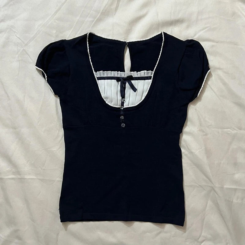 Harajuku Grunge T-shirt Women Korean Preppy Style Kawaii Bow Crop Top Vintage Patchwork Square Collare Puff Sleeve Milkmaid Top