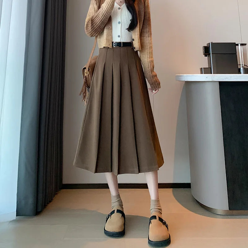 Women's Wool Skirt - High-Waisted, Slimming Belted, Plus Size Vintage-Inspired, Versatile Mid-Length Pleated Skirt