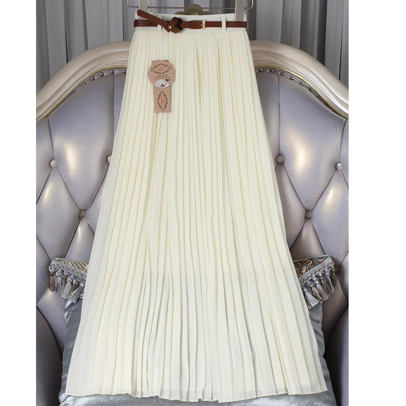 2021 High Quality Women Summer Skirt High Waist Vintage Women Pleated Skirt Saias Femme Boho White Long Chiffon Skirt Streetwear